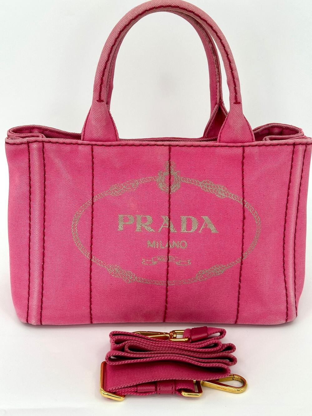 Prada Canapa Tote Fuchsia Pink Canvas Bag w/ Crossbody Strap